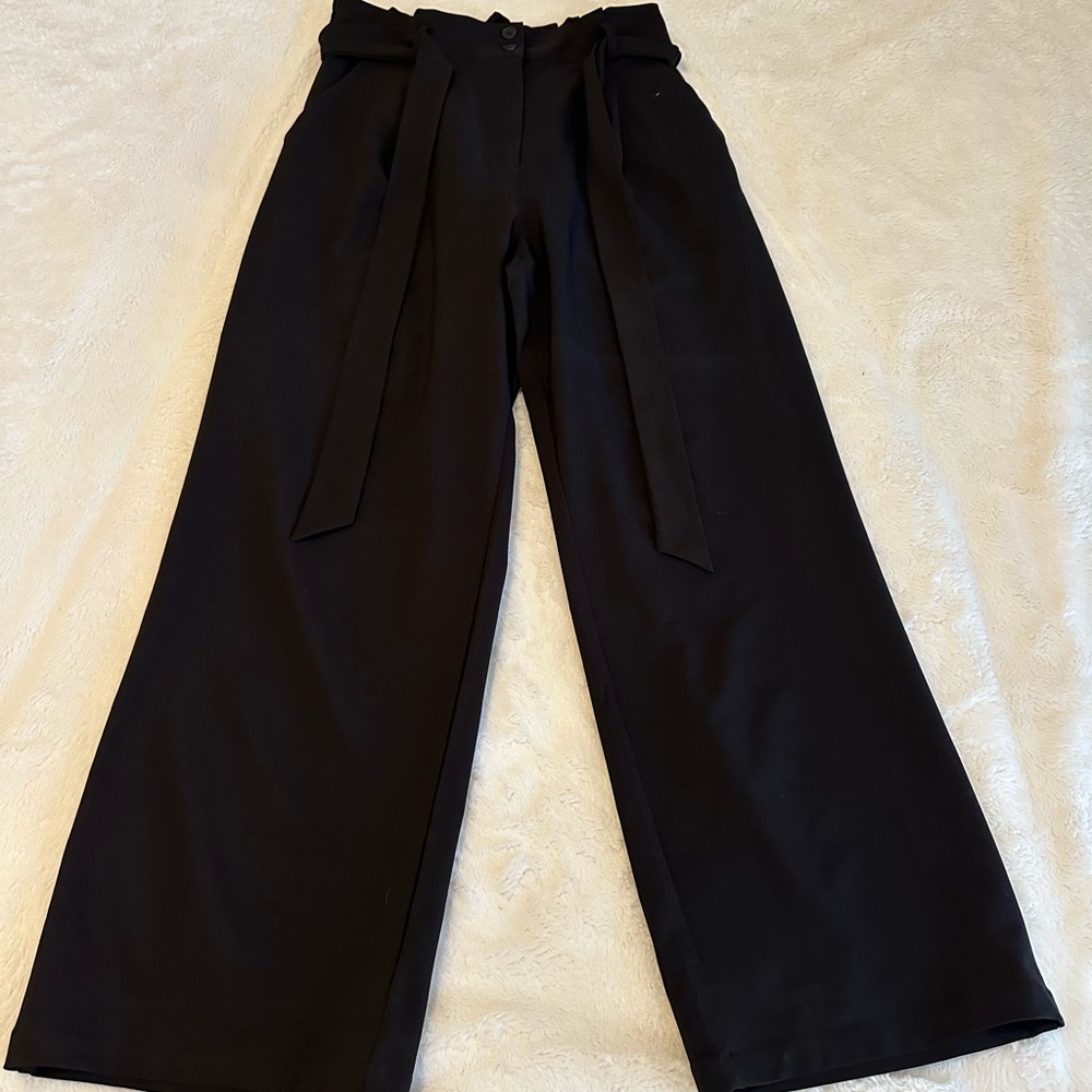 Wide-Leg Black Paperbag Waist Pants with Self-Tie Belt
